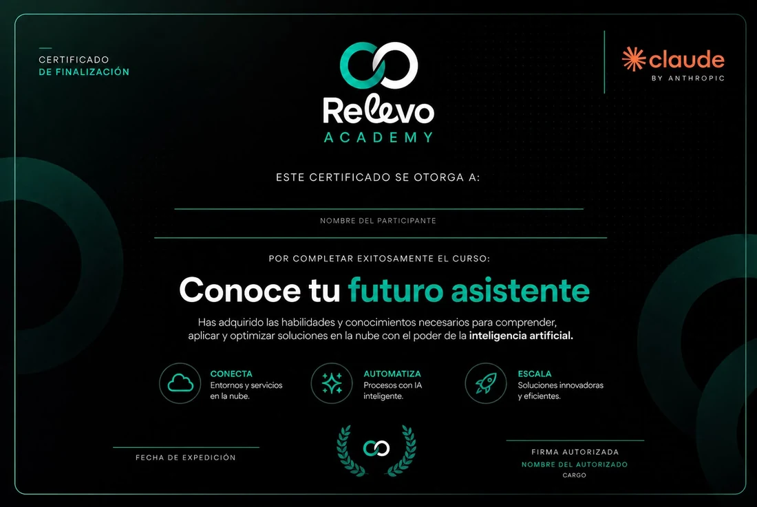 Certificado de finalización de Relevo Academy, con espacio para el nombre del participante, la fecha de expedición y la firma autorizada.